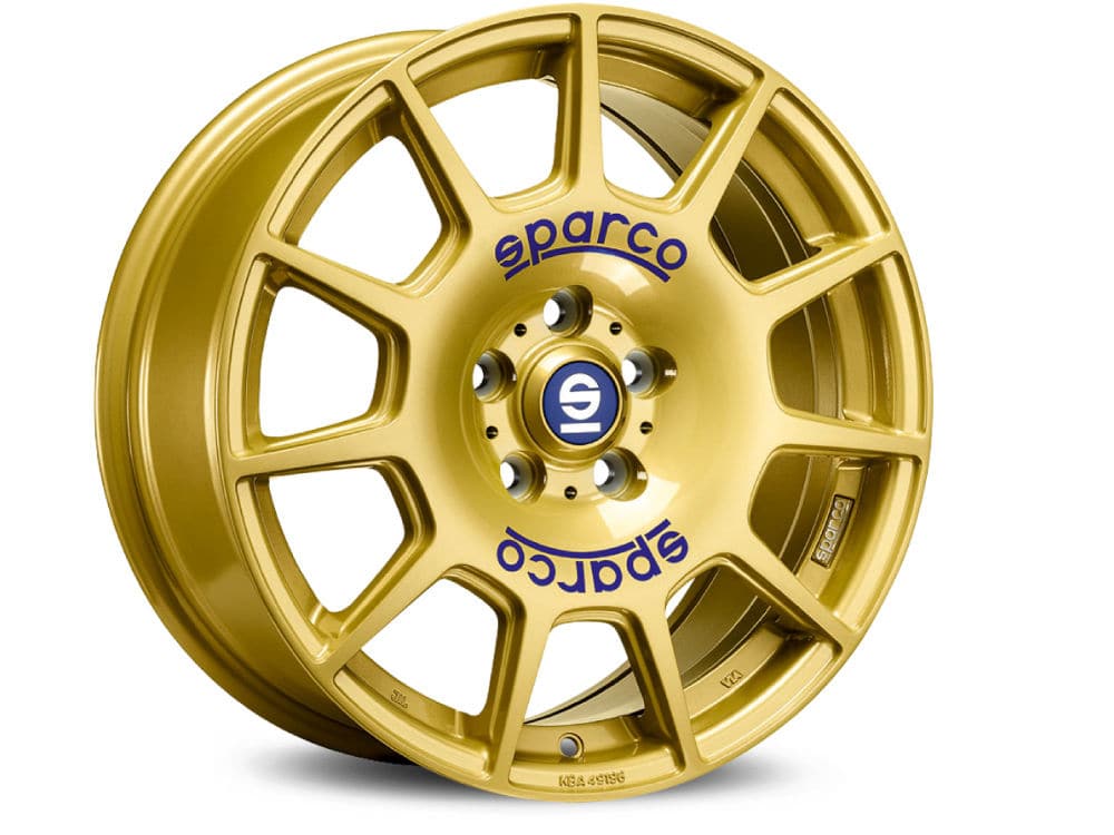 SPARCO TERRA 7,5x17 5x100 ET48 63,3 Race Gold + Blue Lettering - Wheelsup.cz