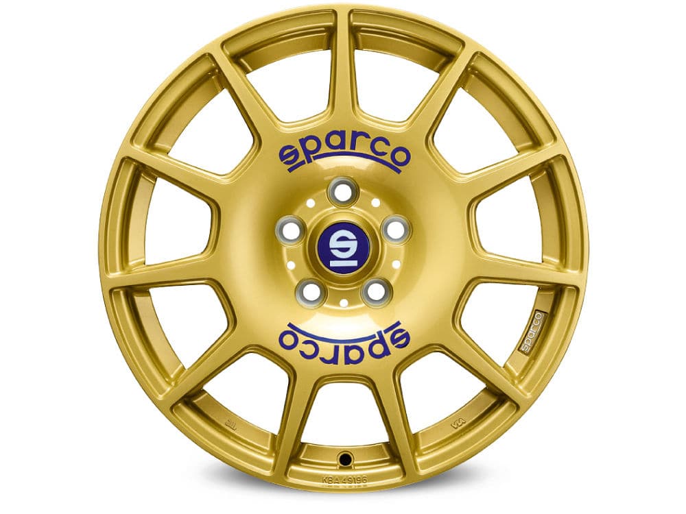 SPARCO TERRA 7,5x17 5x100 ET48 63,3 Race Gold + Blue Lettering - Wheelsup.cz